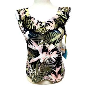 CeCe Floral Silky Ruffled Flounce V Neck & Back